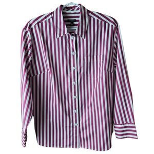Talbots Petite PM Magenta White Stripe Cotton Button Up Shirt Long Sleeve